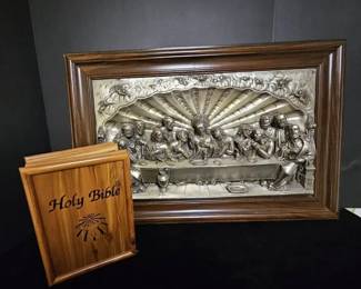 Vintage Metal Relief Of Last Supper, Bible Wood Box