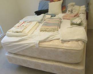 Queen size bed and mattress and assorted linens