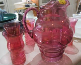 Vintage Cranberry color water set with 6 glasses
