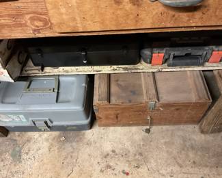 Smaller wooden carpenter's box and Tacklebox full of tackle