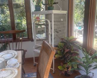 Plants, birdcage, dining table with 6 chairs, rug