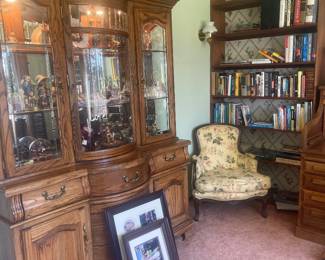 Hutch, roll top desk, books, collectibles.