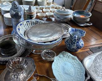 Silver, milk glass, antique ceramics