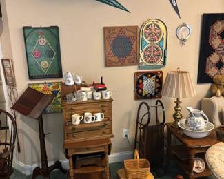 vintage games, storage, Longaberger baskets