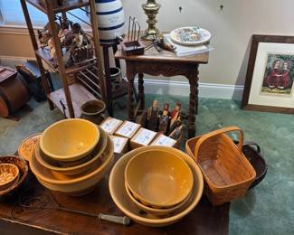 vintage kitchenware, mixing bowls, blanket chest, baskets