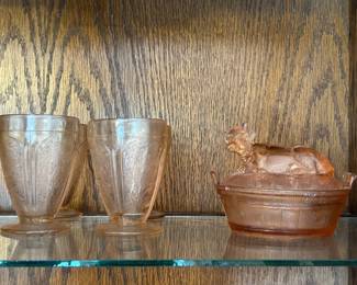 Pink Depression Glass. Nesting cow. 