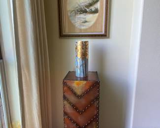 metal pedestal (has matching accent table & bench with pillows,  vtg beach art