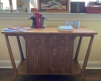 mid century bar cart, fold out top is bright white laminate