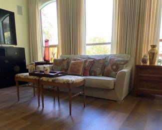 pair nice midcentury chinois inspired chests, pair mid century benches, 