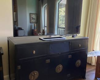 nice chinois style lacquered media cabinet/ storage cabinet, third drawer included, nice and there is a matching accent chest