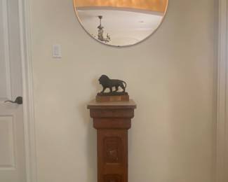 gilt tone mid century mirror, architectural column, mgm lion 