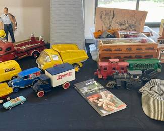 VINTAGE TOY BANKS, TYCO TRAIN CARS