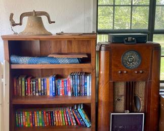 ANTIQUE RADIO, WOOD SHELF,  8 TRACK TAPES