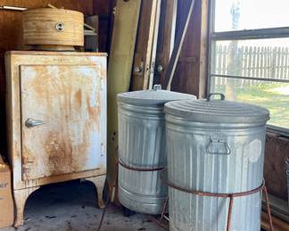 GALVANIZED TRASH CANS IN RACK, ANTIQUE REFRIGERATOR, OLD DOORS
