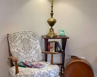 VINTAGE CHAIR WITH PLEATED SKIRT, BRASS LAMP, VINTAGE LUGGAGE