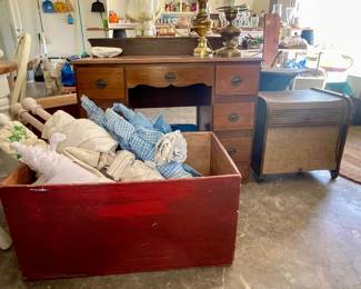 DRESSER, WOOD CHEST, WALL HANGINGS