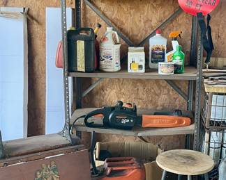 OLD METAL GAS CAN, CHAIN SAW