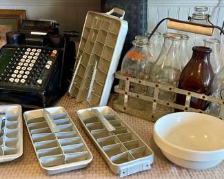 VINTAGE ALUMINUM ICE TRAYS, VINTAGE ADDING MACHINE, VINTAGE MILK BOTTLES, & BOTTLE CARRIER