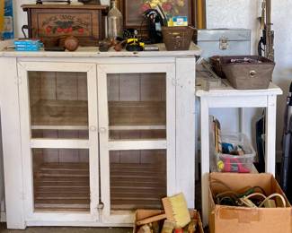 PRIMITIVE PIE SAFE, WOOD TOOL BOX, OLD IRONS