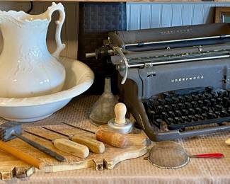 VINTAGE PITCHER & BASIN, VINTAGE UNDERWOOD TYPEWRITER, VINTAGE ICE PICKS