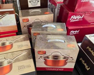 Kitchen items, cookware, and serving pieces