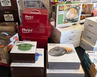 Kitchen items, cookware, and serving pieces