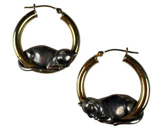 14kt Yellow Gold and Sterling Silver Cat Hoop Earrings