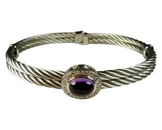 Designer Charriol 18kt White Gold and Stainless Steel Amethyst and Diamond Bracelet