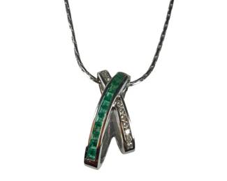 14kt White Gold Emerald and Diamond Slide Necklace