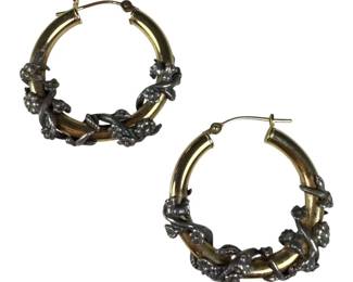 14kt Yellow Gold and Sterling Silver Flower Vine Hoop Earrings