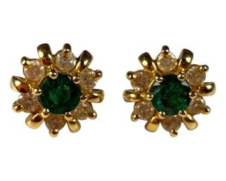14kt Yellow Gold Lab Emerald and Diamond Stud Earrings