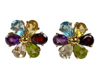 14kt Yellow Gold Multi Gemstone Flower Stud Earrings
