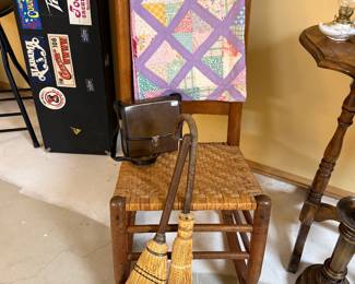 Wooden Chair, Quilts, Antique Hand Brooms 