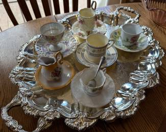 Decorative Serving Tray, Teacups & Saucers