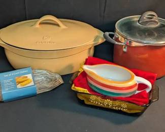 CT486Calphalon Enamel Cast Iron Dutch Oven, Jeanette Glasbake Smoked Amber Loaf Pan,  More