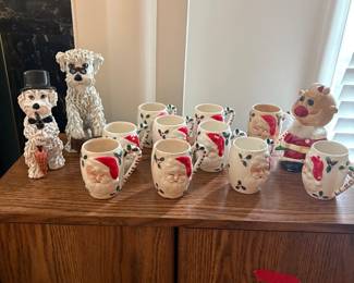 Vintage dogs and winking Santa mugs