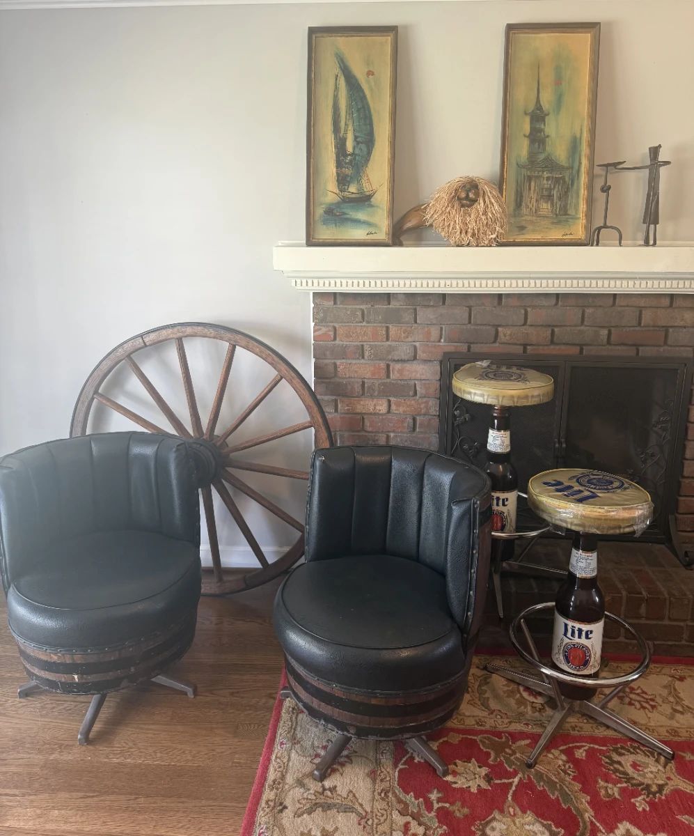 MCM artwork, Barrel chairs and retro Beer barstools.