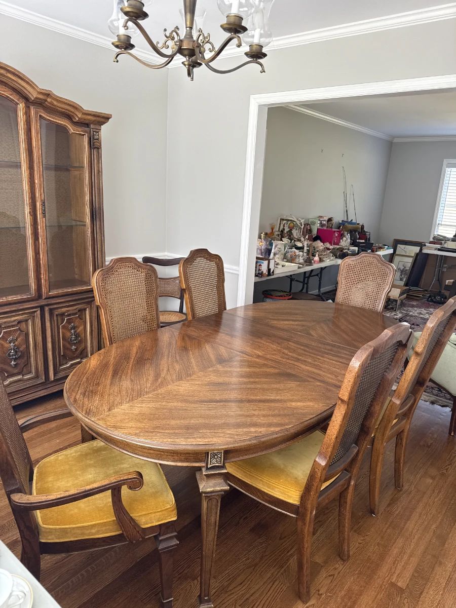 1970s dining table with gold Velour chairs with cane backs. Also has a leaf.