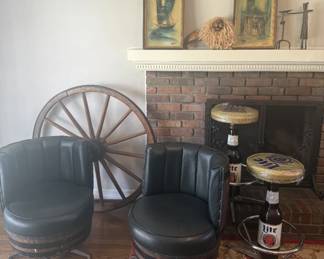 MCM artwork, Barrel chairs and retro Beer barstools.