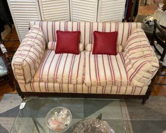 Vintage wood framed loveseat with striped cushions $4000 + tax