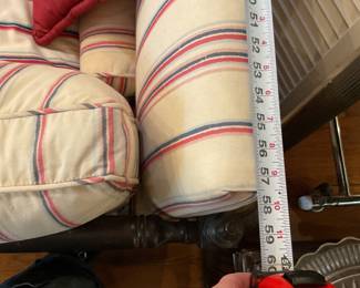 Vintage wood framed loveseat with striped cushions $4000 + tax