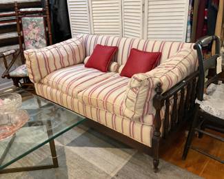 Vintage wood framed loveseat with striped cushions $4000 + tax