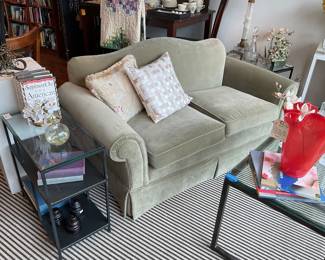 Sage green vintage velvet camelback loveseat $1000 + tax