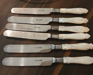Tulip mother of pearl knives, collar sterling, blades silverplate