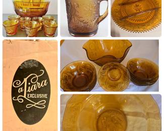 Collection of Tiara Amber "Sandwich" Glass Exclusives (1970's) includes Punch Set with original boxes, 68 oz pitcher, Salad/Fruit Set, and round serving piece