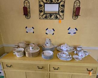 MCM cabinet. Lenox Christmas Holly & Berry China 10 each dinner plates, salad plates, bowls & mugs.  $200. Everyday dishes with fruit pattern $25,  Bavarian Rose China service for 8 with serving pieces $200.