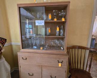MCM China Cabinet Contains etched vintage glassware, crystal, Waterford...