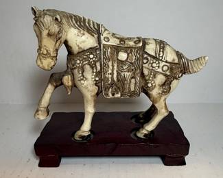 Tessellated Bone Horse Figurine on Wooden Base