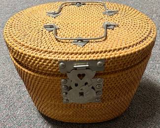 Chinese Porcelain Tea Set in Woven Basket