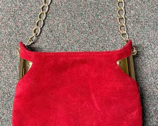Red Suede Clutch with Gold Chain